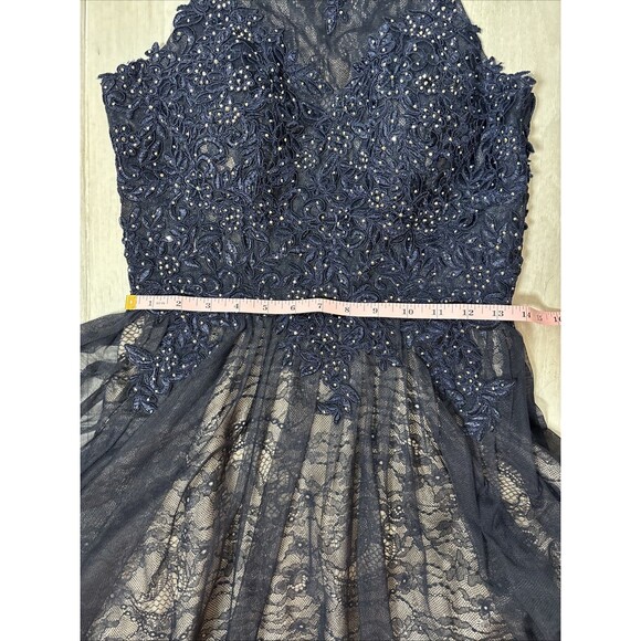 Xscape Navy Blue Lace Beaded tulle overlay Evening Gown Size 8 Formal Prom - Picture 15 of 17